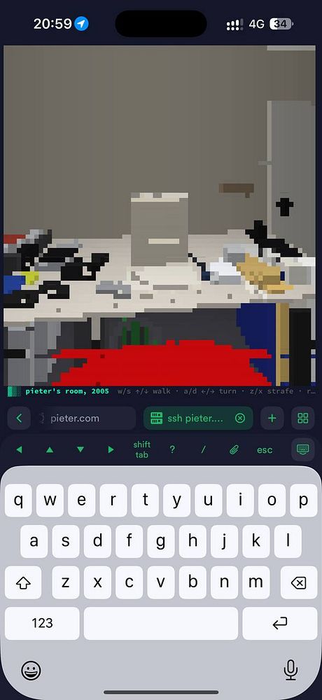 A pixel art depiction of a teenage room from 2005 displayed in a terminal SSH session on a mobile device with a visible keyboard.