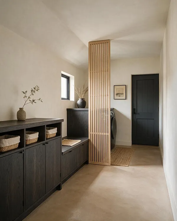 A calm Japandi-style mudroom with dark wood storage cabinets and woven baskets on the left, a built-in bench with a cushion in the center, and a light wood slatted divider in front of a washer. The room has warm beige walls and floor, a black door at the back, and simple neutral decor with soft natural light.