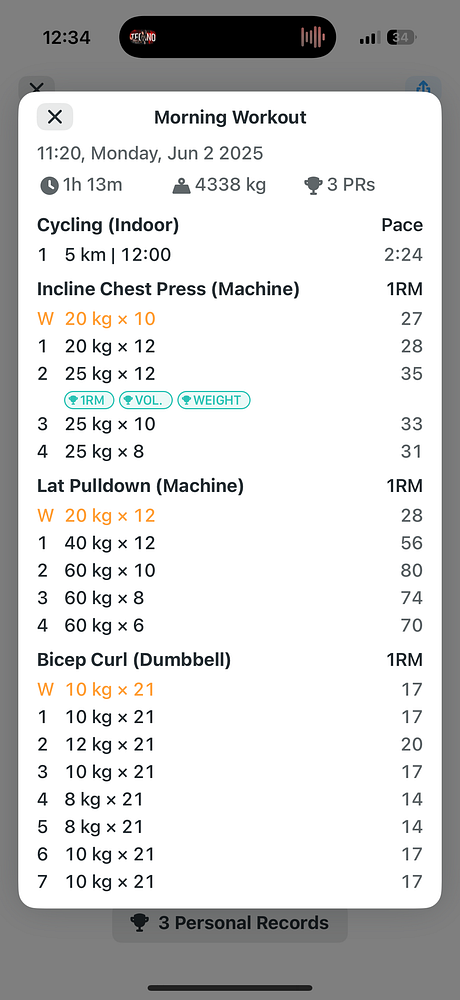 The image displays a detailed workout log from a fitness app showing various exercises and their corresponding weights and repetitions.