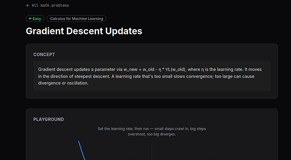 Webpage explaining gradient descent updates with concept and interactive playground sections.