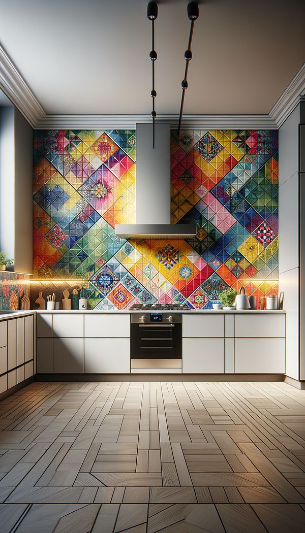 A modern kitchen with a vibrant, geometric tile backsplash, showing how it adds a pop of color to the room.