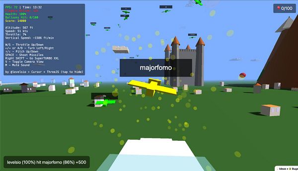 A colorful 3D game scene featuring a player flying a yellow aircraft in a blocky landscape.