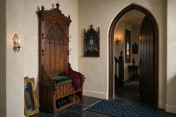 A Gothic-style entryway with a tall carved wooden hall bench, pointed arch details, and a dark slate floor. An arched doorway opens to a dim hallway with candle sconces, a stained-glass window, and antique furnishings, while a gilded mirror leans against the wall.