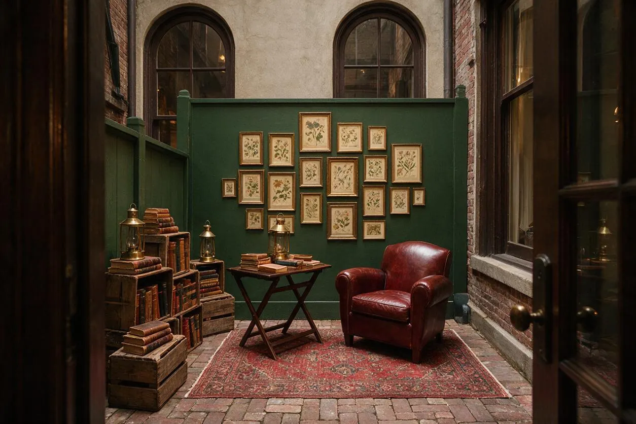 A narrow backyard courtyard styled in dark academia, with a deep green partition wall displaying framed botanical prints, stacked vintage books, lanterns, and a burgundy leather armchair. A patterned red rug and brick paving add warmth beneath tall arched windows and aged brick walls.