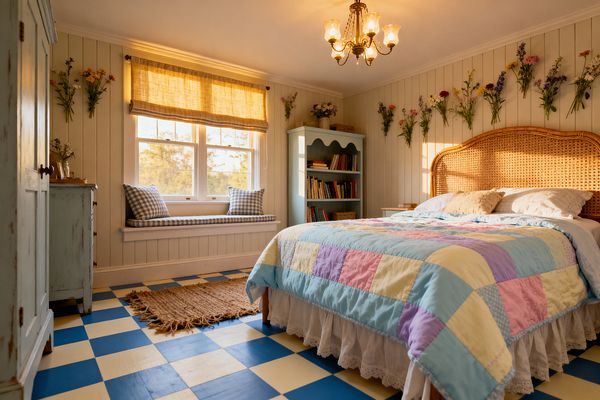 A cozy kids’ bedroom with cream beadboard walls and a blue-and-cream checkerboard floor features a rattan headboard and a bed made with a pastel patchwork quilt and white lace skirt. Warm light from a linen Roman shade falls over a built-in window seat with blue gingham cushions, distressed mint and sky-blue storage pieces, dried flower sprays pinned above the bed, a small woven jute rug, an open bookcase, and a vintage chandelier with glass shades.