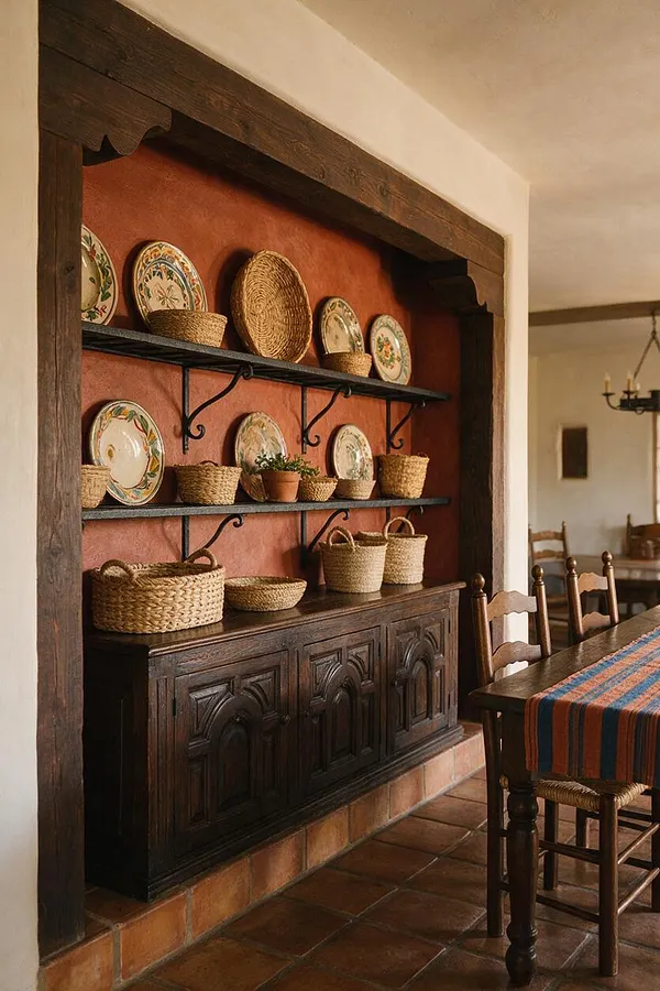 A Mediterranean-style dining room with a built-in display niche framed in dark wood, terracotta walls, and black metal shelves holding decorative plates and woven baskets. A carved dark wood sideboard sits below, while a wooden dining table and chairs appear at the right, with a striped runner adding color over terracotta tile flooring.
