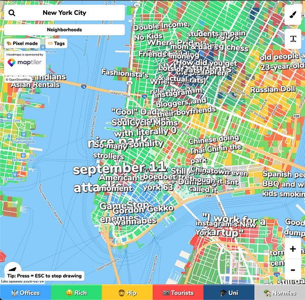 Map of Manhattan neighborhoods with icons and labels representing demographics and culture.