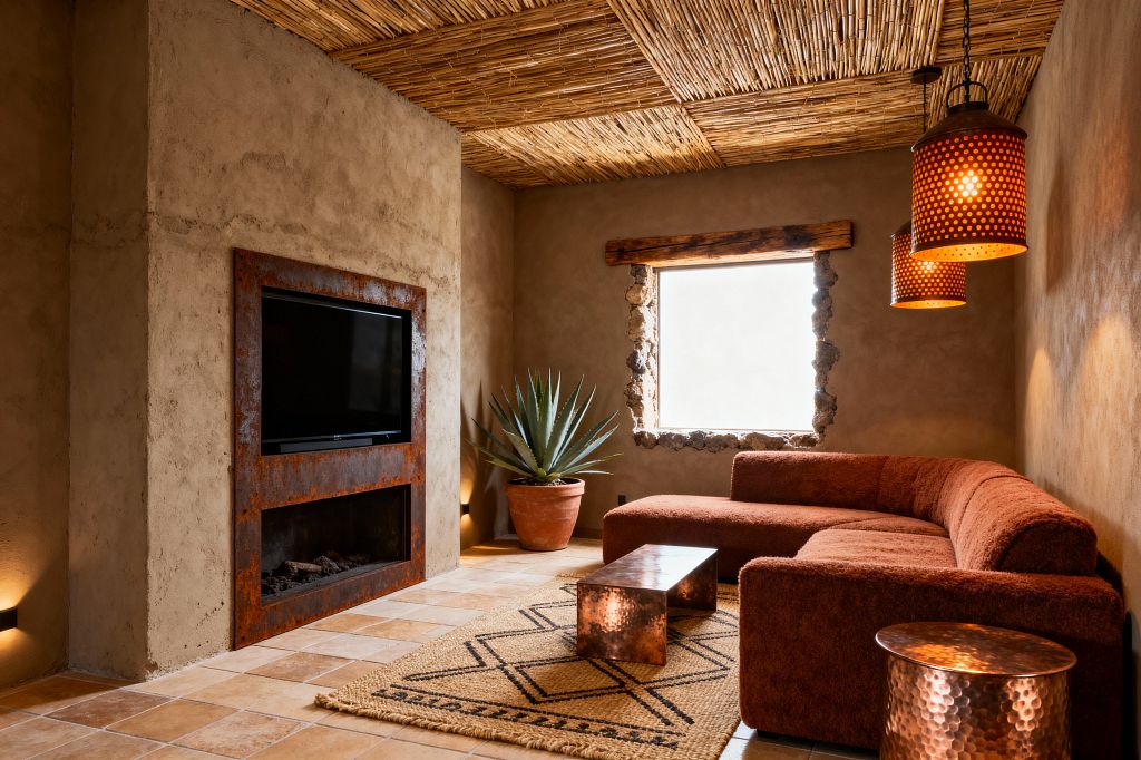 Cozy media room with adobe-plaster walls, a reed latilla ceiling, and Saltillo tile flooring. A TV and linear fireplace sit inside a rusted-steel surround; a rust-colored sectional wraps the corner beside a square window framed with rough timber and stone. Hammered copper pendants hang over a matching coffee table and drum side table on a jute rug with a black geometric pattern, while a potted agave in terracotta brings a sculptural desert touch.