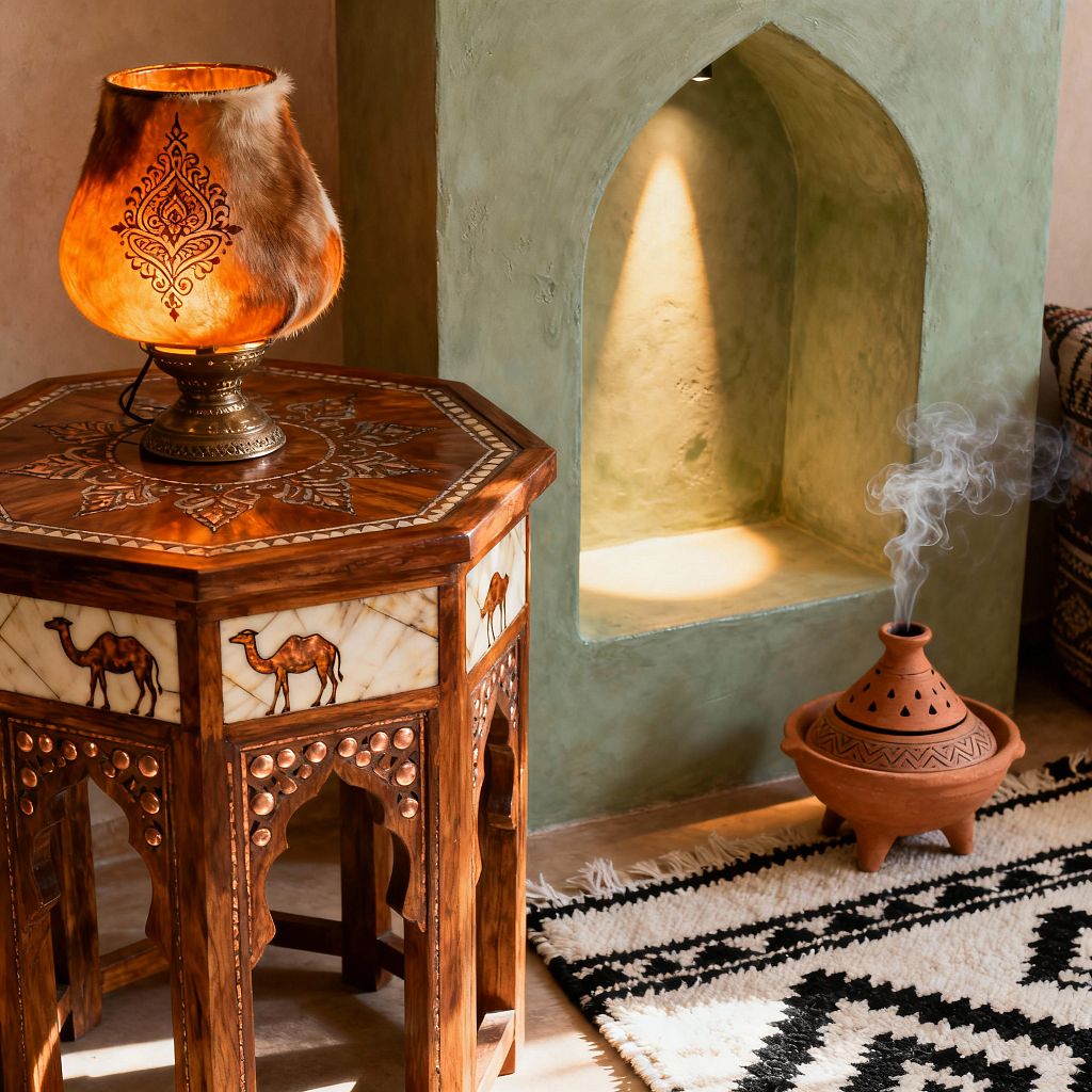 A Moroccan-style living room vignette shows an octagonal carved wood side table with white stone panels depicting camels and an amber lamp on a brass base. Beside it is a sage-green arched plaster niche lit by a small spotlight; a terracotta incense burner emits smoke on a black-and-cream geometric wool rug, with warm beige walls and a patterned cushion at the edge of the scene.