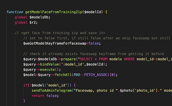 The image displays a code snippet for a PHP function designed to retrieve a model's face from a training zip file.