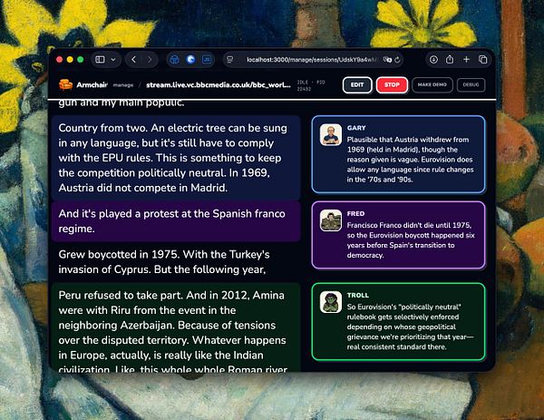 Diagram of audio data flow between devices including mic, PC, ARMchair, and another PC.