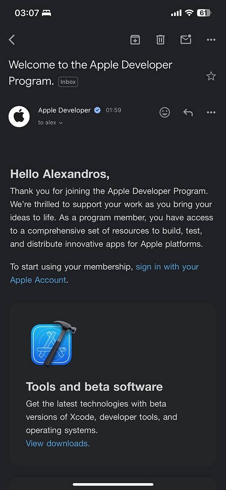 The image displays an email welcoming a user to the Apple Developer Program.