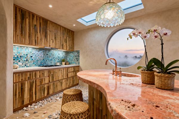 A tropical kitchen features vertical bamboo cabinetry, a teal-to-aqua sea-glass mosaic backsplash, and a coral-pink stone island with a copper faucet. Woven rattan stools sit on a sandy, pebble-strewn floor with shells, while orchids in basket planters face a round porthole window; a skylight and recessed lights brighten the plastered walls, and a pearlescent capiz pendant hangs overhead.