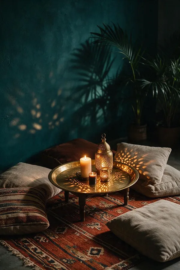 A cozy bohemian floor seating vignette with a patterned red rug, neutral floor cushions, and a low brass tray table holding candles and a pierced lantern. A deep teal wall and potted palms in the background create dramatic shadows and a warm, intimate atmosphere.