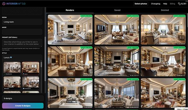 The image displays a user interface for an interior design application showcasing various luxury living room renders.