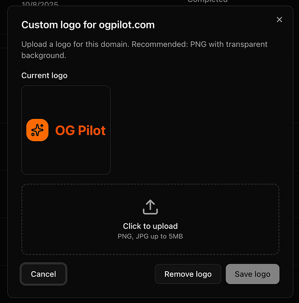 The image displays a modal interface for setting a custom logo for the domain ogpilot.com.