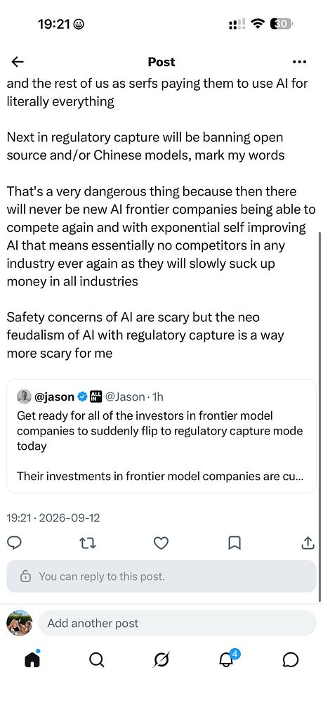 Screenshot of a tweet by @levelsio discussing Big AI's regulatory capture and its implications.