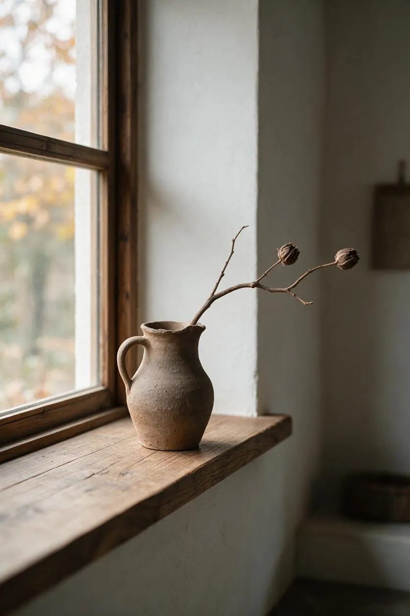 A simple Wabi-Sabi vignette featuring a small handmade clay pitcher with a twig and dried seed pods, placed on a weathered wooden windowsill beside a wooden-framed window. Soft natural light enters from the left, highlighting the imperfect textures and muted earthy tones.