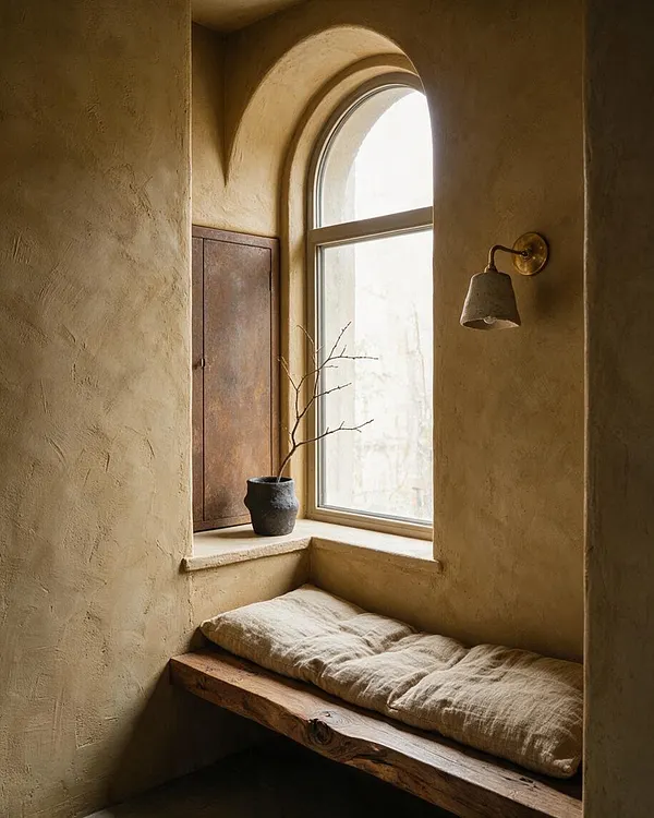 A cozy sunroom nook with warm textured plaster walls, a tall arched window, and a simple rustic wooden bench topped with a neutral cushion. A small dark vase with bare branches sits on the window ledge, and a single brass wall sconce adds a soft, understated accent.