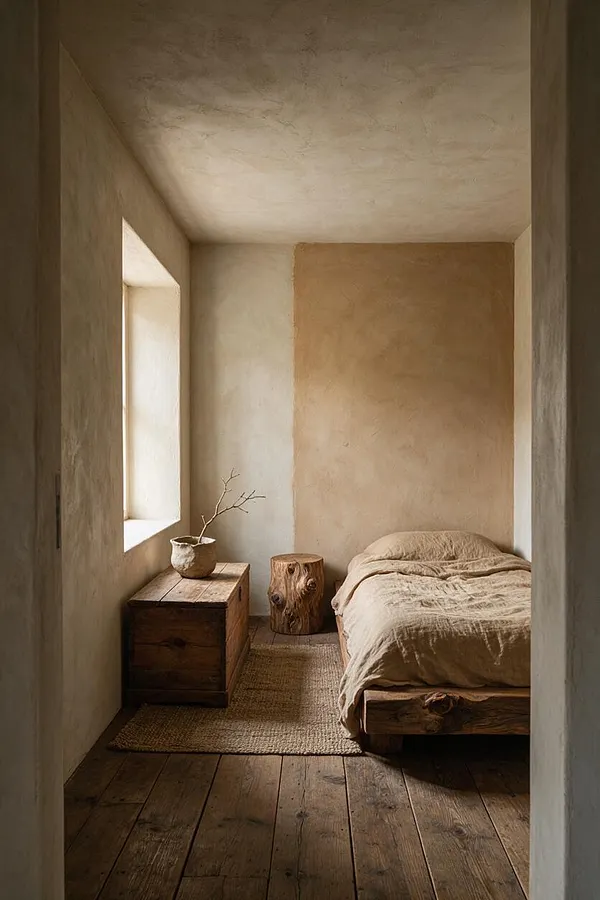 A small master bedroom with a low wooden bed dressed in beige linen bedding, a rough wood chest used as a nightstand, a stump side table, and a woven rug on aged timber floors. Textured plaster walls and a soft window opening create a calm, earthy Wabi-Sabi atmosphere.