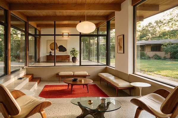 A mid-century modern backyard lounge with floor-to-ceiling glass walls, a warm wood plank ceiling, and low-profile cream seating arranged around a round coffee table and red rug. Large windows frame the green lawn and surrounding trees, creating a calm indoor-outdoor retreat.