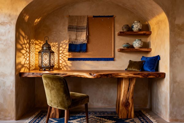 A small arched plaster niche forms a home office with a live-edge wood desk and an olive velvet chair. A lit pierced-metal lantern casts lace-like shadows across warm sand walls, while a cork pinboard with fringed beige and indigo textiles, two floating wood shelves holding crackle-glaze ceramics, blue and olive pillows, and an indigo geometric flatweave rug complete the layered Bohemian look.