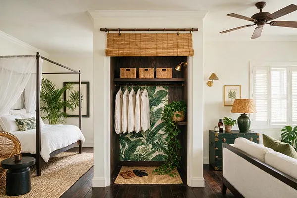 A tropical-style closet nook centered in a bedroom, with dark wood shelving, hanging white shirts, woven baskets, and a bamboo shade above. Palm-leaf wallpaper lines the back wall, and a woven rug and trailing plant add natural texture.