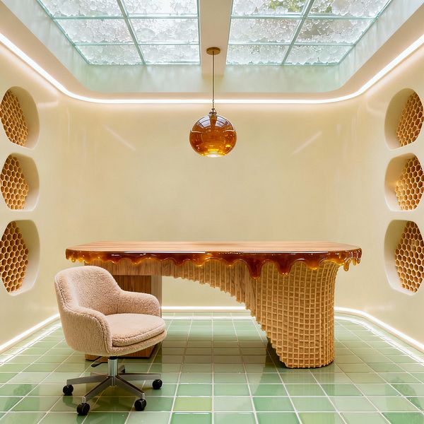 Playful home office with creamy rounded walls and honeycomb alcoves, a mint-green tiled floor, and a sculptural desk featuring a waffle-cone textured base and a wood top edged in glossy amber resin that drips like caramel. A frosted glass-block skylight and an amber globe pendant illuminate the space with soft perimeter LED lighting, while a beige bouclé swivel chair on casters sits before the desk.