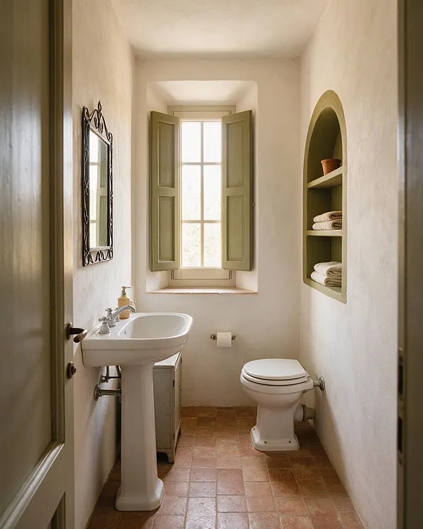 A narrow Mediterranean-style powder room with white plaster walls, terracotta tile flooring, and a pedestal sink on the left. A small window with olive green shutters brings in soft daylight, while an arched wall niche on the right holds folded towels and pottery.
