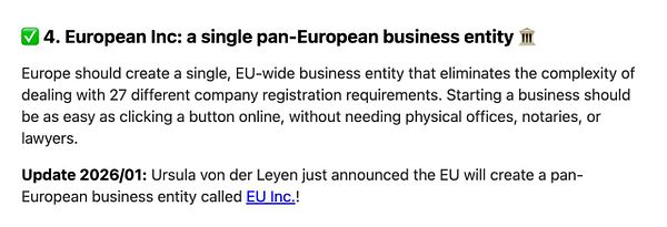 Screenshot of a website showing a partial view of the EUACC homepage focused on a content area about the EU Inc 28th regime proposals.