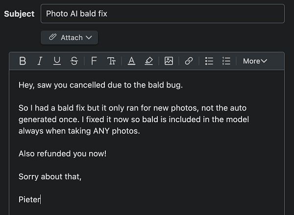 The image displays an email draft addressing a bug related to baldness in photo generation.
