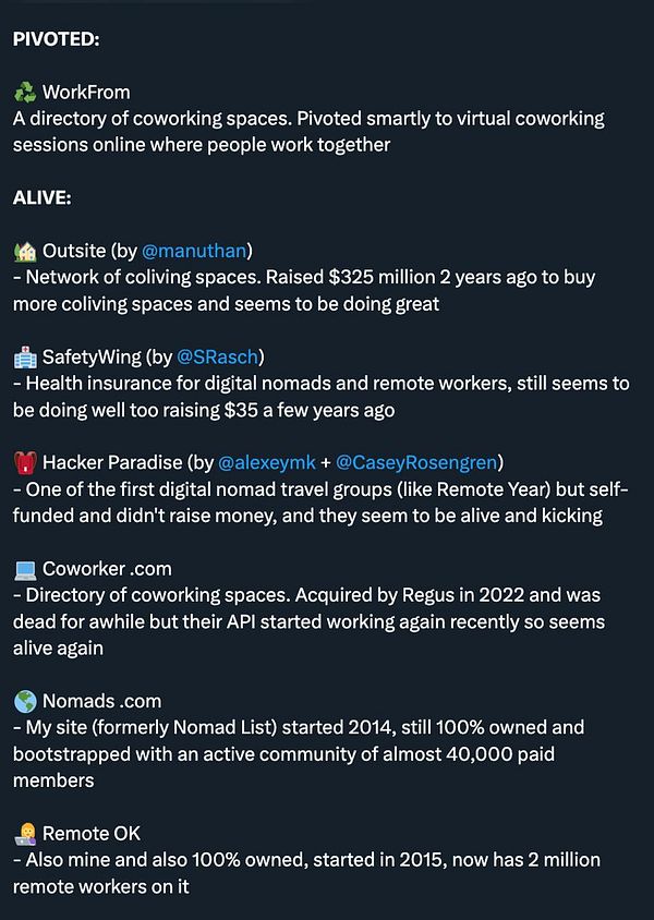 The image presents a detailed list of digital nomad-related companies, categorizing them into 'PIVOTED' and 'ALIVE' with brief descriptions of their current status.