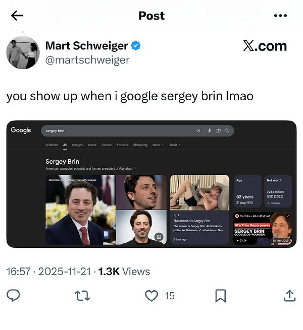 A Twitter post featuring a Google search result for Sergey Brin.