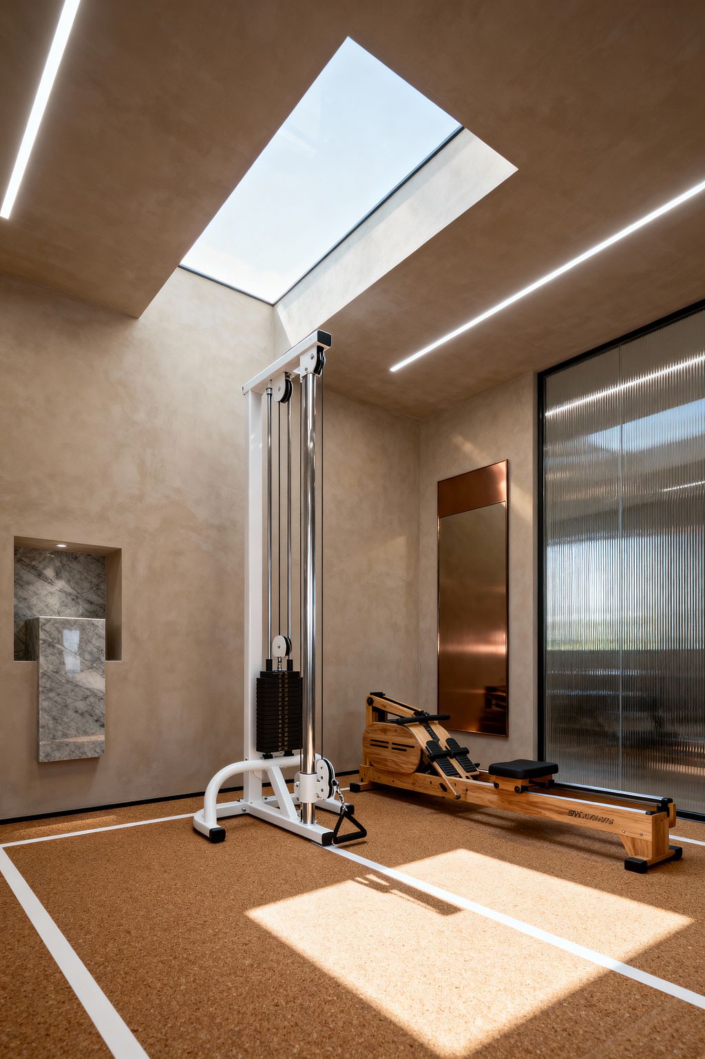 A modern home gym with a large rectangular skylight and slim linear ceiling lights illuminating cork flooring with white boundary lines. A white cable weight machine stands near a wooden rowing machine. Walls are warm beige microcement with a recessed niche lined in gray-veined marble and a tall copper-toned mirror panel. A reeded glass sliding door with a dark frame encloses the space.