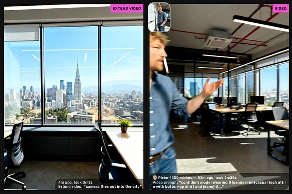 A modern office space with a panoramic city view and a person in casual attire interacting with the camera.