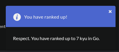A notification message indicating a ranking achievement in the game Go.