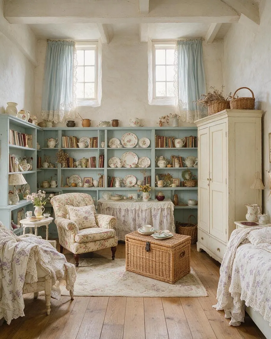 A cozy studio apartment styled in cottagecore design with pale blue built-in shelves filled with books, floral plates, teapots, and dried flowers. The room features a floral armchair, lace-covered furniture, a wicker chest table, light wood floors, cream walls, and soft blue curtains framing two small windows.