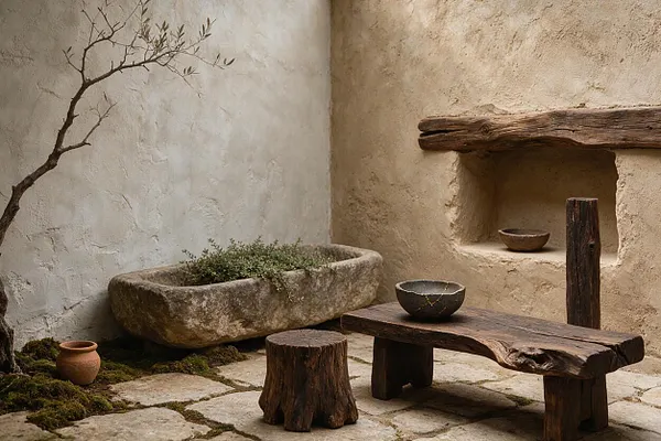 A serene wabi-sabi courtyard with textured plaster walls, a weathered stone planter, a rustic wood bench and stool, and a shallow wall niche holding ceramic bowls. Moss grows between pale stone pavers, while a bare branch and earthy pottery add a natural, imperfect feel.