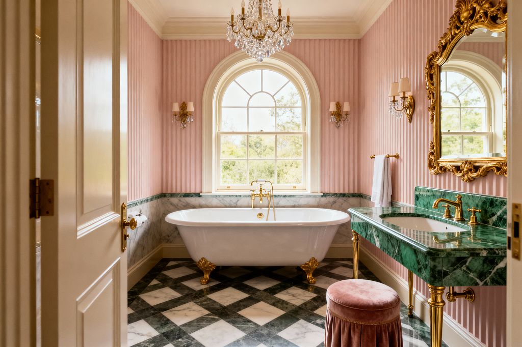 A vintage-glam bathroom features a freestanding white clawfoot tub with gold feet centered under an arched window. Blush pink vertical-striped walls sit above white marble wainscoting, while an emerald green marble vanity with brass legs and taps stands opposite a large gilded rococo mirror. A crystal chandelier and matching wall sconces provide warm light over a white and dark green marble checkerboard floor, with a pink velvet stool beside the vanity.