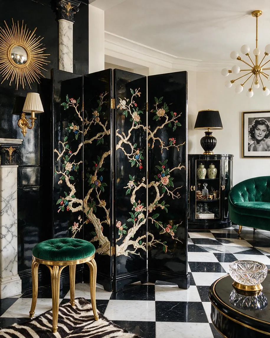 A glamorous Hollywood Regency living room featuring a black lacquer folding screen painted with flowering tree branches in the center. The room includes emerald velvet seating, gold accents, a black-and-white checkered floor, crystal and brass lighting, and a sunburst mirror for a dramatic, luxe feel.