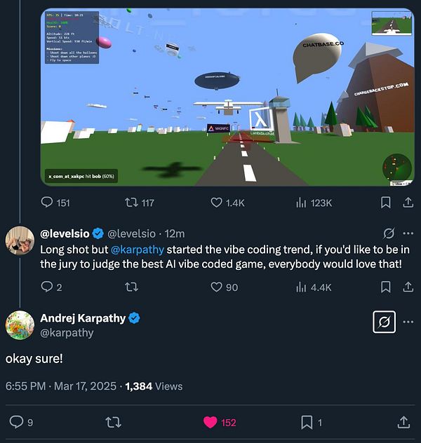 A vibrant 3D game environment featuring various elements like balloons, planes, and buildings, alongside a Twitter conversation about inviting a judge for a coding competition.
