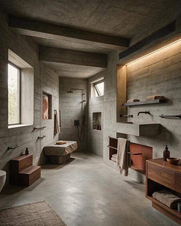 A Brutalist bathroom with exposed concrete walls, ceiling, and floor, softened by warm wood furniture, stone features, and built-in niches. A walk-in shower, heavy stone bench, and minimal black fixtures create a stark yet serene atmosphere.