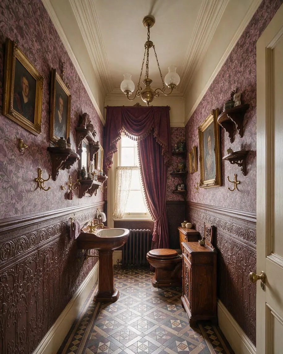 A narrow Victorian-style powder room with deep plum floral wallpaper, ornate embossed wainscoting, gilt-framed portraits, and carved wood shelving. A pedestal sink, wooden toilet, patterned tile floor, and heavy purple drapery create a richly layered, antique atmosphere under a brass chandelier.