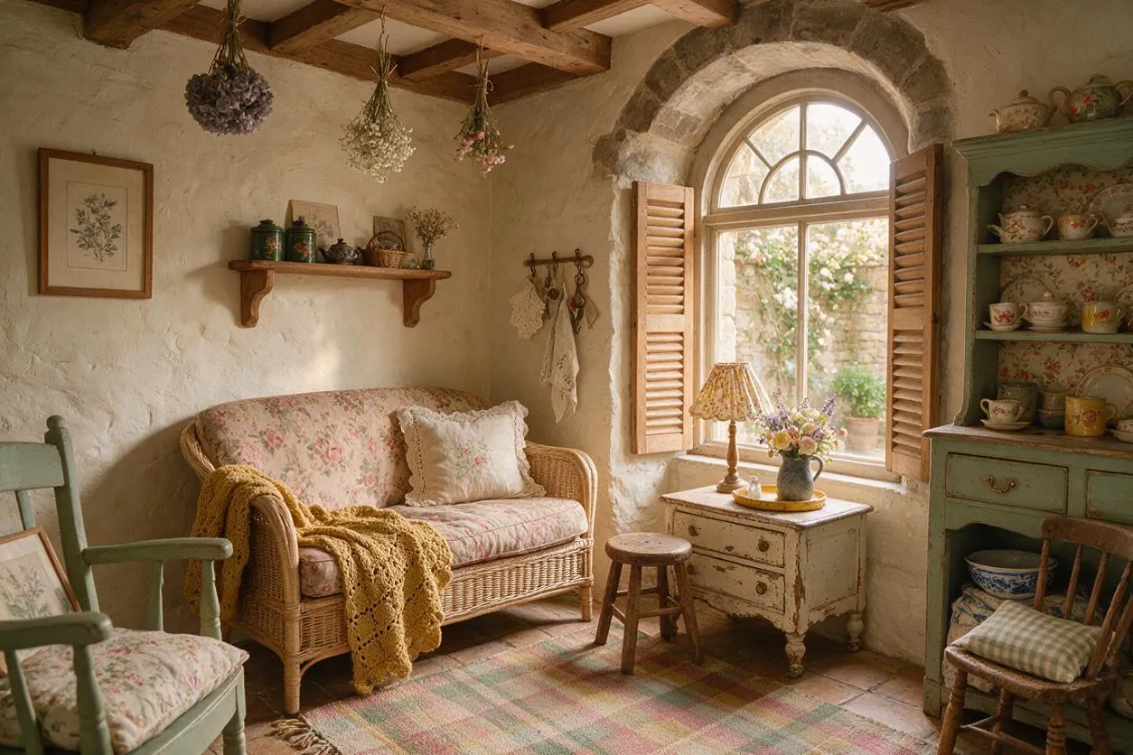 A cozy cottagecore patio room with a wicker loveseat upholstered in floral fabric, pastel painted wooden chairs, and a small distressed side table by an arched window with shutters. Dried flowers hang from the ceiling, and open shelving displays teacups and pottery in a soft, rustic, sunlit setting.