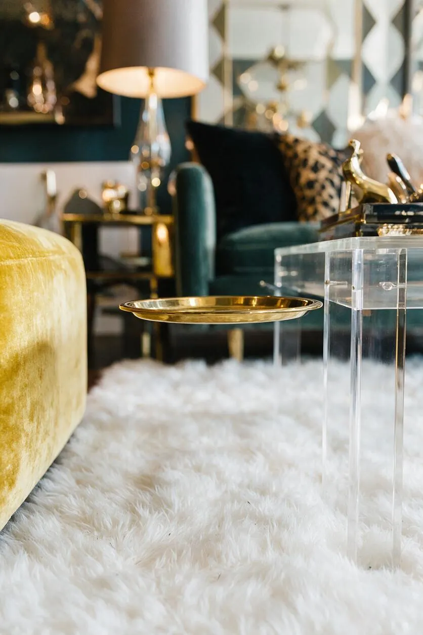 A glamorous living room features a white shag rug, a clear acrylic side table with a brass tray, a deep green velvet chair, and a yellow velvet ottoman. Metallic accents, mirrored surfaces, and a leopard-print pillow create a luxurious Hollywood Regency look.