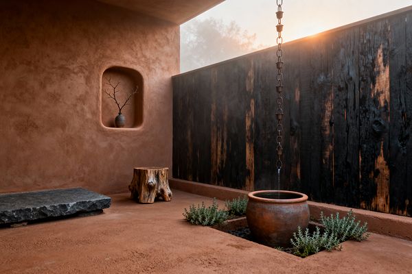 A wabi-sabi patio with clay-plastered terracotta walls and floor features a wall niche holding a small ceramic vase with a bare twig, a rough dark stone slab bench, and a natural tree-stump stool. Along a charred cedar screen, a weathered copper rain chain drips into a patinated terracotta jar set in a gravel trough edged with low, silvery-green shrubs, while warm sunrise light and faint mist create a calm, timeworn mood.