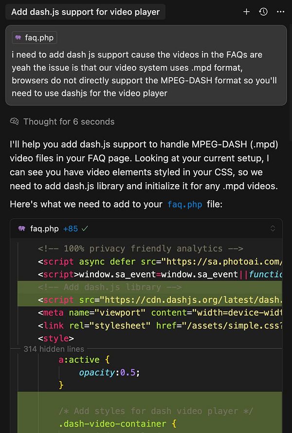 The image displays a code snippet from a PHP file with a focus on adding dash.js support for video playback.
