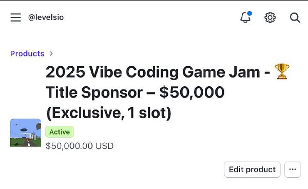 The image displays a product listing for a title sponsorship opportunity for the 2025 Vibe Coding Game Jam.