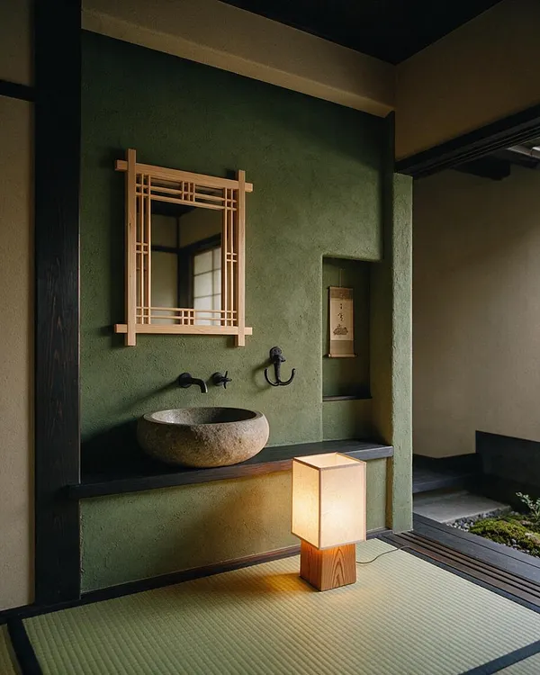 A Japanese Zen powder room with a textured green plaster wall, a round stone vessel sink on a dark ledge, and matte black wall faucets. A light wood lattice mirror hangs above the basin, while a soft glowing floor lantern sits on a tatami mat floor near an open threshold to a small garden view.