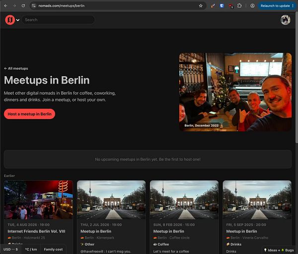 A webpage titled "Meetups in Berlin" on nomads.com showing past and upcoming meetup events for digital nomads in Berlin with details and photos.